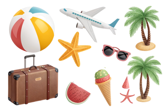set of travel icons, 3d Set of Summer items realistic render vector icon, travel, sea side, beach, summer vacations 