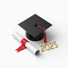 SIngle graduation cap and rolled diploma with red ribbon on clean white background, subtle shadow, &ldquo;2025&rdquo; in small gold numbers