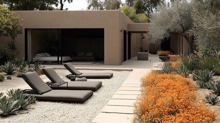 Serene meditation center built with clay architecture and natural materials is surrounded by gardens fostering tranquility and sustainable living