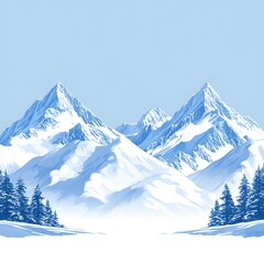 Majestic snow covered mountain range with evergreen trees and blue skies