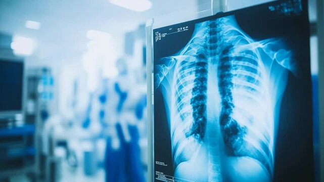 Close-up view of a chest x-ray in a clinical setting, showing internal lung structure