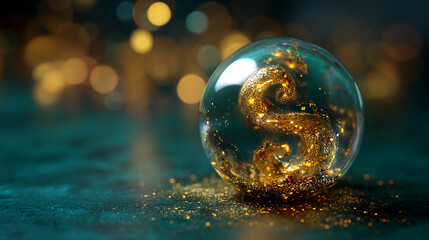 Glass sphere filled with golden glitter forming dollar sign, rests on teal surface with bokeh background, showcasing wealth, prosperity, and financial success