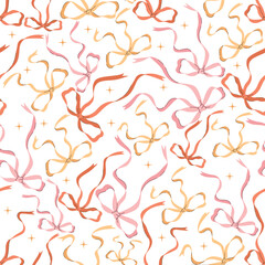 Seamless pattern with pink, red, and yellow bows and sparkles. Cute and festive background perfect for wrapping paper, textiles, gifts, or Valentine’s Day designs.