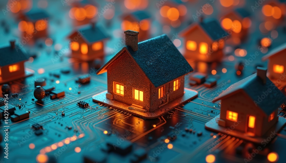 Poster smart home tech concept. tiny houses on motherboard, connected with digital network, representing re