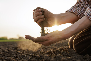 Farmer's hands holding and examining soil at sunset, sustainable farming concept.