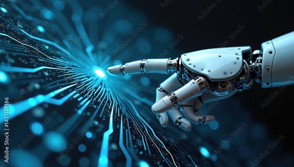 Aufkleber AI robot hand points touch glowing circuit board. Digital tech concept, futuristic cyber space. Robotic arm touches data network. Artificial intelligence innovation communication.