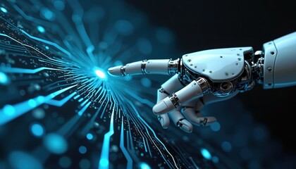 AI robot hand points touch glowing circuit board. Digital tech concept, futuristic cyber space. Robotic arm touches data network. Artificial intelligence innovation communication.