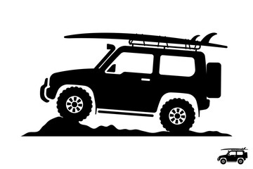 Off-road car with surfboard icon. Suv. Black silhouette. Side view. Vector simple flat graphic illustration. Isolated object on white background. Isolate. © far700