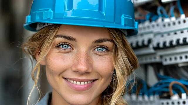 Smiling woman wearing a blue hard hat in front of an electrical control panel shows occupational safety, electrical work and construction