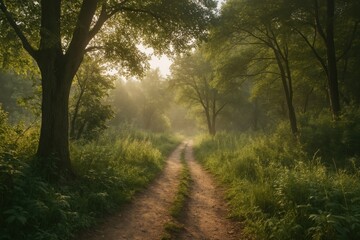 Obraz premium Serene forest path at sunrise.