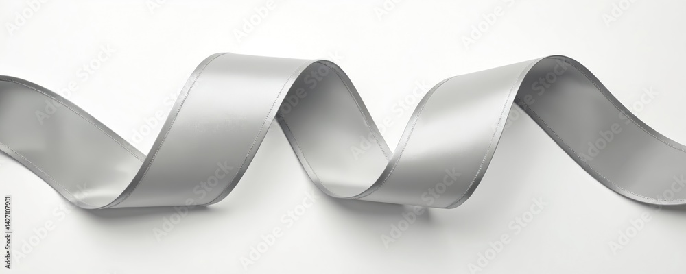 Poster elegant silver ribbon isolated on white background. shiny, glossy textile design with smooth flow, m