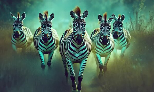 A herd of zebras galloping through a misty grassland at dawn, showcasing their stripes