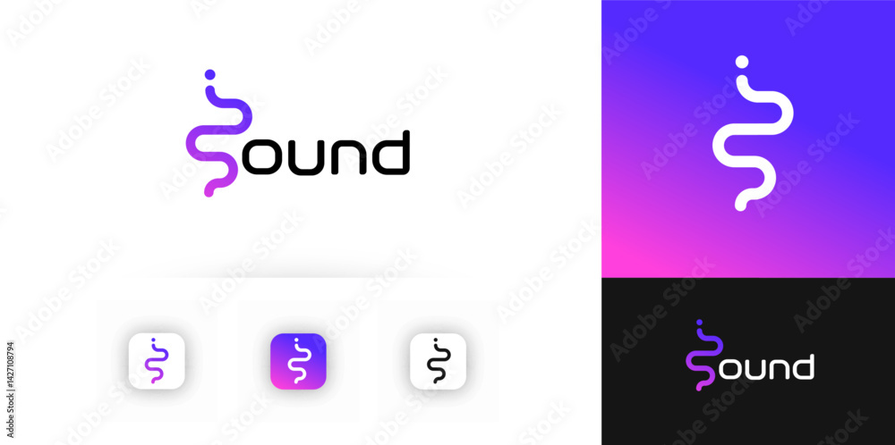 Poster modern sound wave logo design. abstract dynamic shape with gradient for music app, audio streaming, 