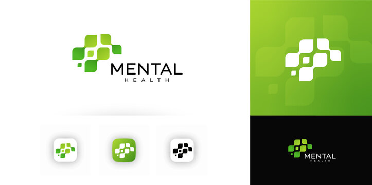 Mental health logo design. Abstract green symbol of brain, support, care for clinic, counseling center, wellness app, digital therapy brand. Modern clean vector illustration.