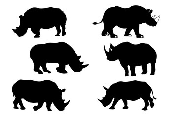 Rhinoceros silhouettes, set of rhino, silhouettes of rhinoceros, wild animals silhouettes