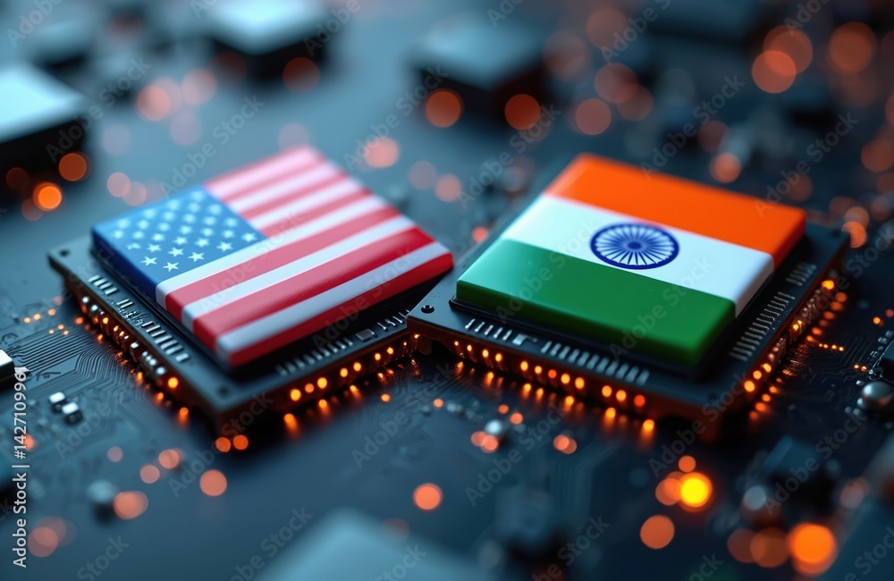 Poster Computer chips with US and India flags on circuit board. Semiconductor microchips represent digital tech. Global tech industry, hardware, processor components, IT innovations.