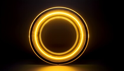 A thick neon circle glowing in radiant yellow, casting a faint light on a sleek black background 