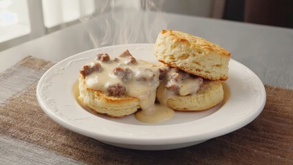 A tasty breakfast treat featuring a sausage and egg biscuit sandwiched in golden, flaky biscuits.