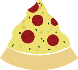 Silhouette of a triangular slice of pizza showing crust, topping and melted cheese.