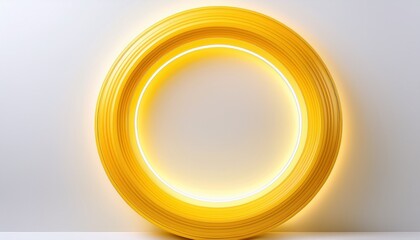 A thick neon circle glowing in radiant yellow, casting a faint light on a sleek white backgr