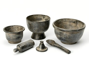 Antique, dark gray metal mortar and pestle set.