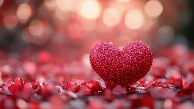 Crimson Heart: A radiant crimson heart, adorned with delicate water droplets, is cradled amidst a sea of soft red petals, evoking sentiments of love, compassion, and affection.
