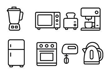 Kitchen appliances outline icon set – line style symbols for home cooking and food preparation: blender, microwave, toaster, coffee maker, refrigerator, oven, mixer, kettle