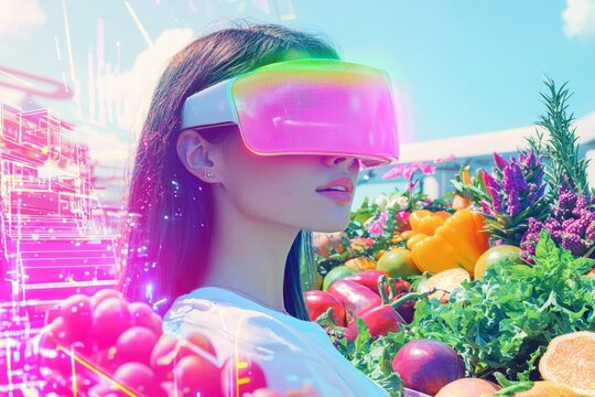 Woman wearing VR glasses, immersed in a vibrant virtual farmers market showcasing fresh produce. - Powered by Adobe