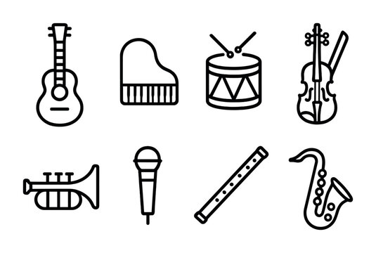 Musical instruments icon set &ndash; outline style music and sound symbols for orchestras, bands, and performances: guitar, piano, drum, violin, trumpet, microphone, flute, saxophone