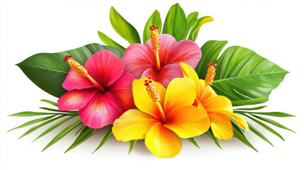 Obraz premium Vivid hibiscus flowers in radiant pink, coral, and yellow hues are beautifully arranged with lush green leaves in this bright and cheerful tropical arrangement.