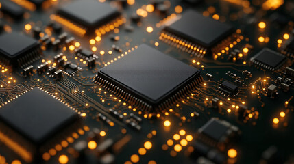 Obraz premium Intricate details of modern circuitry illuminated by golden light, showcasing the beauty of technology in a close-up view from an electronic device