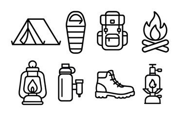 Camping adventure icon set – outline style camping and outdoor symbols for hiking and survival: tent, sleeping bag, backpack, campfire, lantern, water bottle, hiking boot, stove