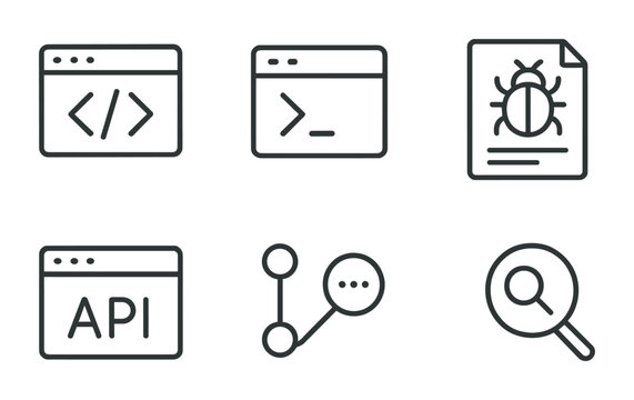 Web development and programming icon set &ndash; outline style coding and debugging symbols for app design, software development, api, bug, search: code, script, api, bug report, workflow, magnifying glass