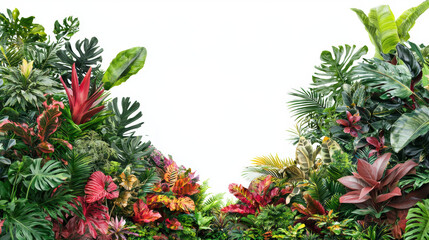 Fototapeta premium Lush vibrant tropical foliage including monstera leaves, palm fronds, and bromeliads creates a dense border against a bright white background, perfect for design.
