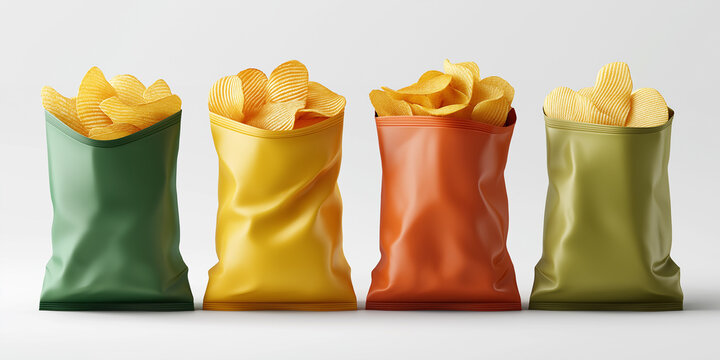 Colorful potato chips bags standing on white background