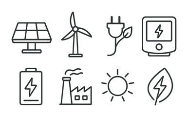 Renewable energy icon set – outline style symbols for sustainable power, green technology, and eco-friendly innovation: solar panel, wind turbine, electric plug, battery, factory, sun, leaf