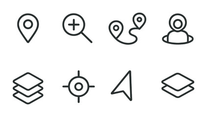 Fototapeta premium Navigation and map outline icons set – linear style for wayfinding, geolocation, and direction: location pin, magnifying glass, route, user, layers, target, arrow, map layers