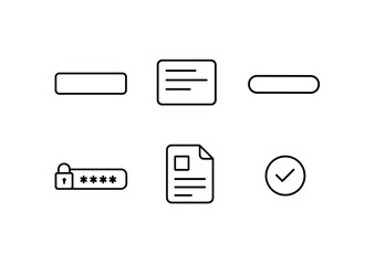 User interface icon set – outline style ux and ui design symbols for digital interfaces: button, text input, slider, password lock, document, checkmark