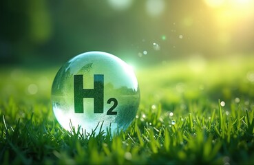 Hydrogen energy innovation concept. Transparent sphere with H2 symbol in fresh grass. Green, clean energy, zero emission tech. Renewable, eco-friendly fuel, reducing carbon footprint, promoting
