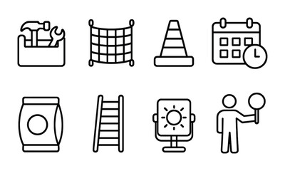 Construction and maintenance icon set – outline style repair and safety symbols for site management, building, and tools: hammer, wrench, construction cone, calendar, ladder, safety sign