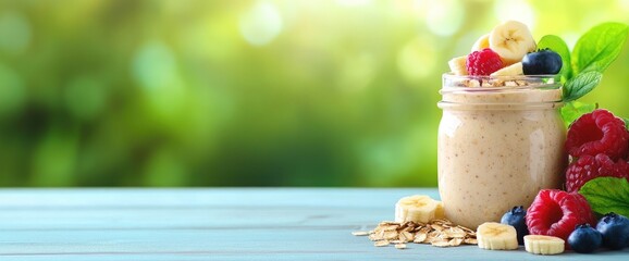 Overnight oats in jar with berries and banana slices healthy breakfast concept food photography