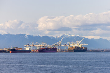Commercial Port With Shipping Containers and Cranes in Vancouver, BC, Canada