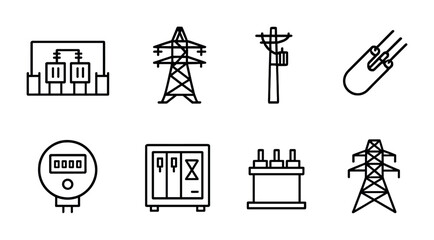 Electrical infrastructure icon set – line style power transmission and utility symbols for energy distribution, grid components, and maintenance: transformer, power lines, meter, cable, pylon,