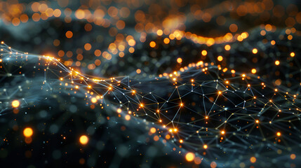 Abstract network with connecting lines and glowing nodes on a dark blurred background view .