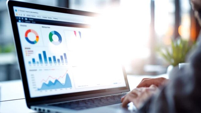 Businessman uses capable laptop computer to analyse business data analytic for marketing strategy and customer relationship management 02