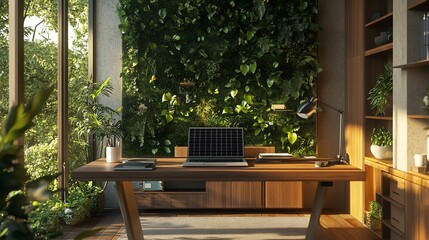 Modern home office design with green wall and wood desk for productivity and focus environment setup ideas