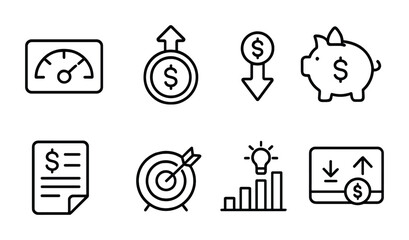 Finance and business linear icons set &ndash; outline style financial and corporate symbols for budgeting and investment: dashboard, growth chart, downward arrow, piggy bank, invoice, target, idea, laptop