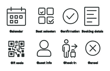 Booking and scheduling icon set – linear style travel and reservation symbols: calendar, seat selection, confirmation, booking details, qr code, guest info, check-in, cancel