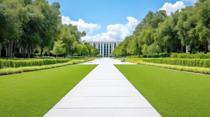 Pathway Lush Greenery Modern Architecture High-resolution Bright Lighting Central Perspective Neat Landscaping Leading to Building Sunny Day Corporate Real Estate