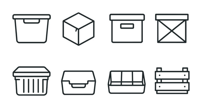 Storage container outline icon set – sleek and minimalistic organization symbols for efficient planning, space management, and home storage: bin, box, crate, basket, container, cardboard, plastic,